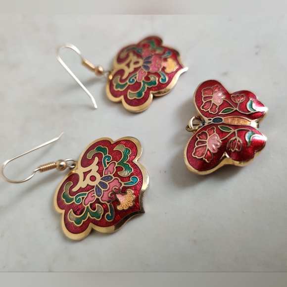 Vintage Cloisonne Enamel Earrings & Butterfly 🦋 Pendant Set - Picture 7 of 13